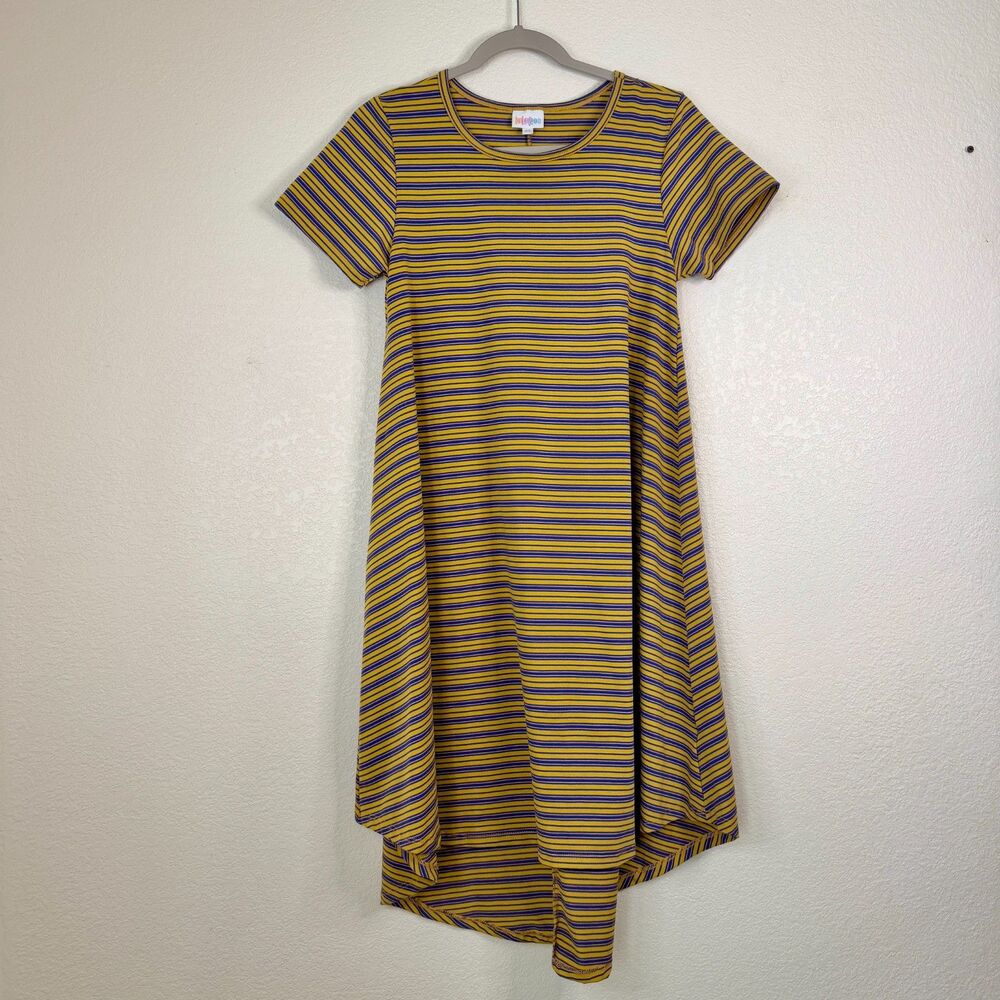 LuLaRoe Carly High-Low Swing Dress Yellow Purple Striped Size XS Like New